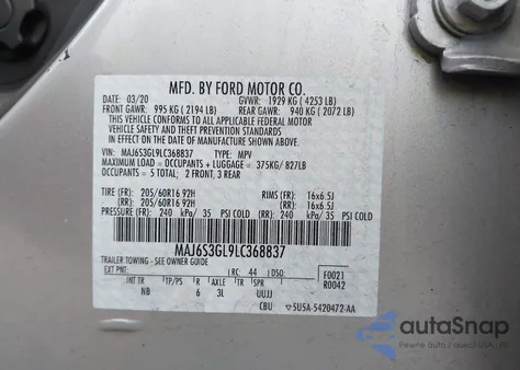 2020 Ford Ecosport Se из США, поврежденный, VIN MAJ6S3GL9LC368837